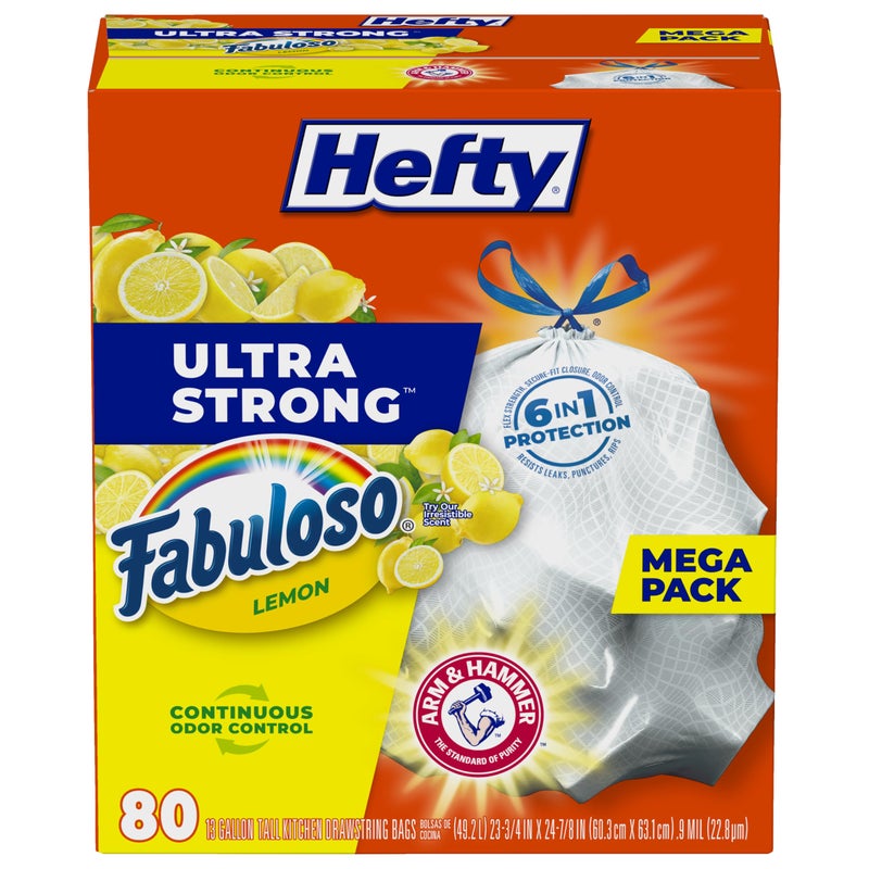 Hefty Ultra Strong 13 Gallon Trash Bags Tall Kitchen Trash Bags 13 Gallon Size Resist Leaks Punctures and Rips Continuous Odor Control White Fabuloso Lemon Scent 80 Bags